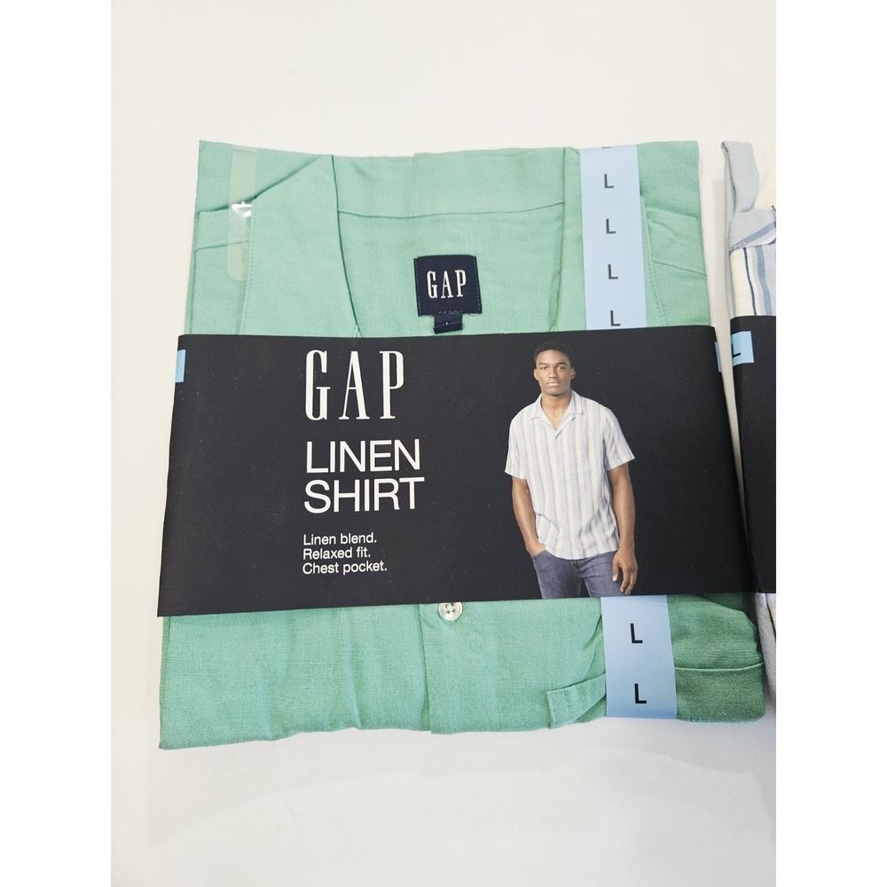 Gap Men's Short Sleeve Button-Up Linen Shirts Size L Blue/Green New - Picture 2 of 6